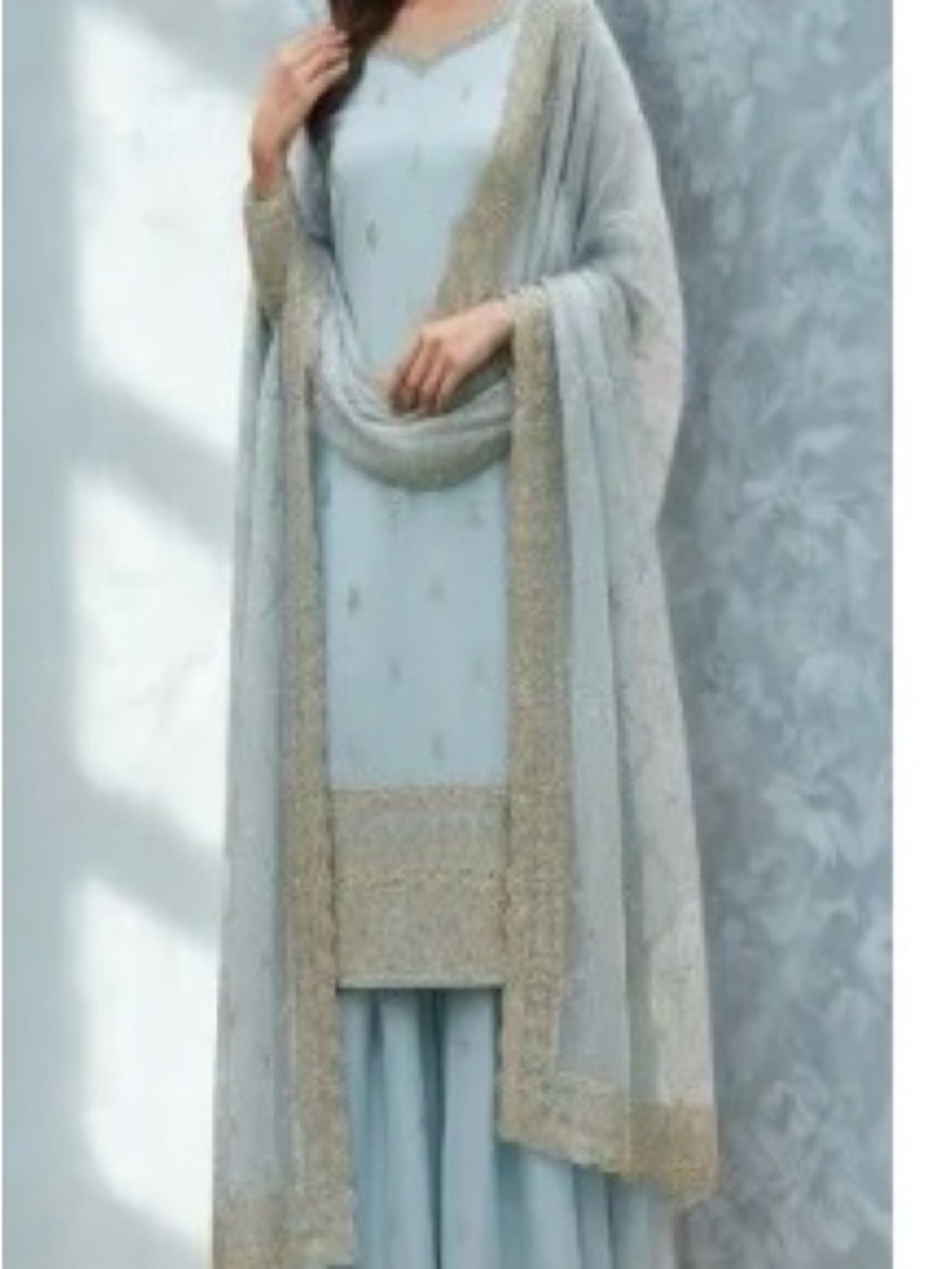 House of Indya Elegant Light Blue Embellished Women’s Dress with Gold Trim